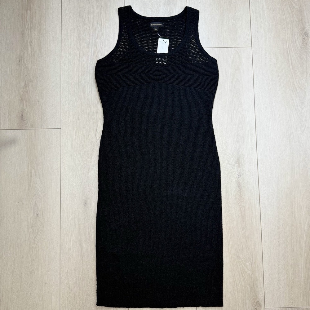 Bold Elements Women's Black Knit Tank Dress Size L Textured‎ Sheer Yoke NWT